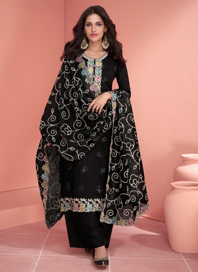 Silk Black Eid Wear Embroidery Work Palazzo Suit